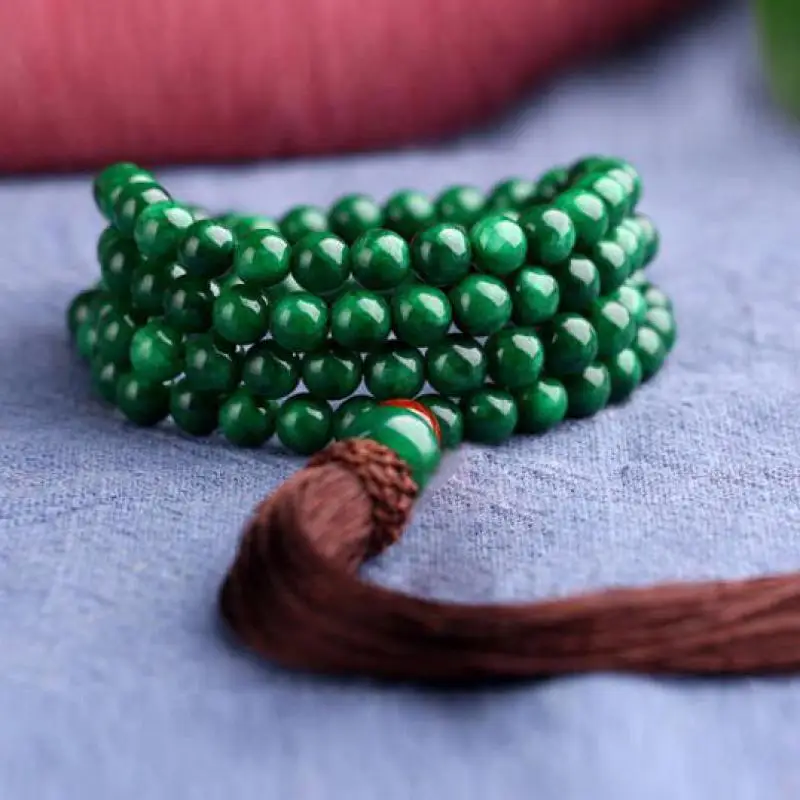 

8 мм Изумрудный джадеит, многослойный браслет с кисточкой из Мьянмы, мужской женский и мужской браслет, зеленые нефриты, 108 искусственный браслет