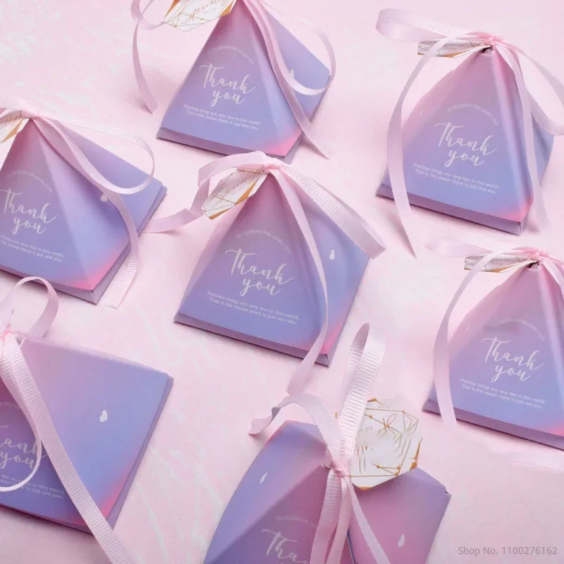 5/10/30pcs Triangle Cube Candy Box Gift Thanks For Wedding Guests Marbling Floral Chocolate Bags Wholesale Items For Business