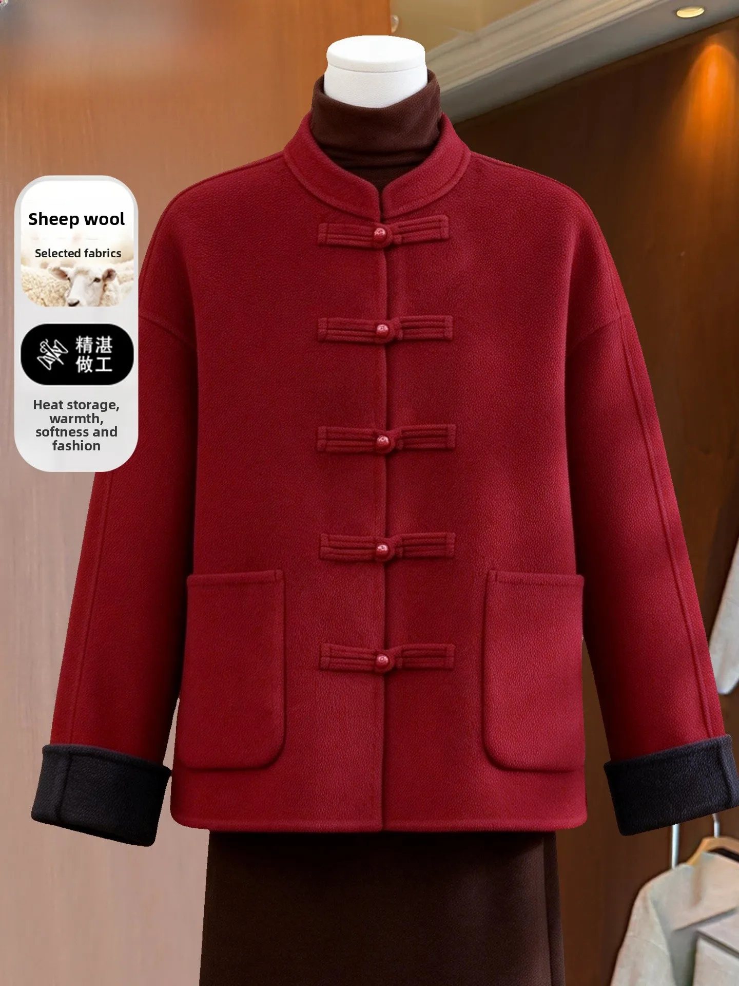 

Red Double-Faced Woolen Coat Mom Winter Faion Outerwear Camere Stand Fit Loose Sle Warmth for Middle-Aged And l...