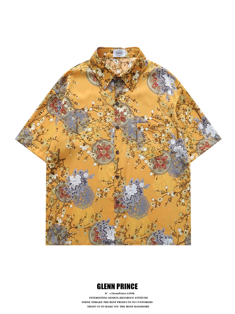 

GPstudio Men's Casual Ice Silk ort Sve irt Floral Print Ele Sle Summer Breathable Polyester Fiber Loose Fit