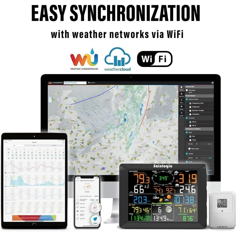 8,3-дюймовый цветной дисплей WLAN Метеостанции Беспроводной внутренний уличный датчик дождя 7-в-1 и датчиком скорости ветра