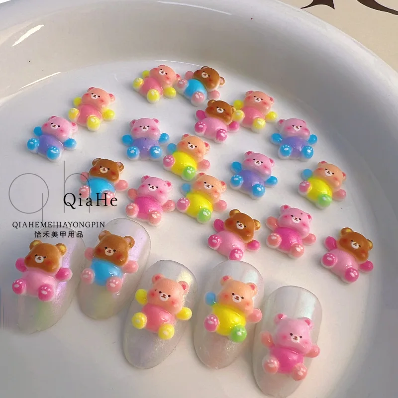 20pcs cute rainbow color gradual change hug bearmini colorful cartoon nail charms resin DIY nail decoration nail art jewelry