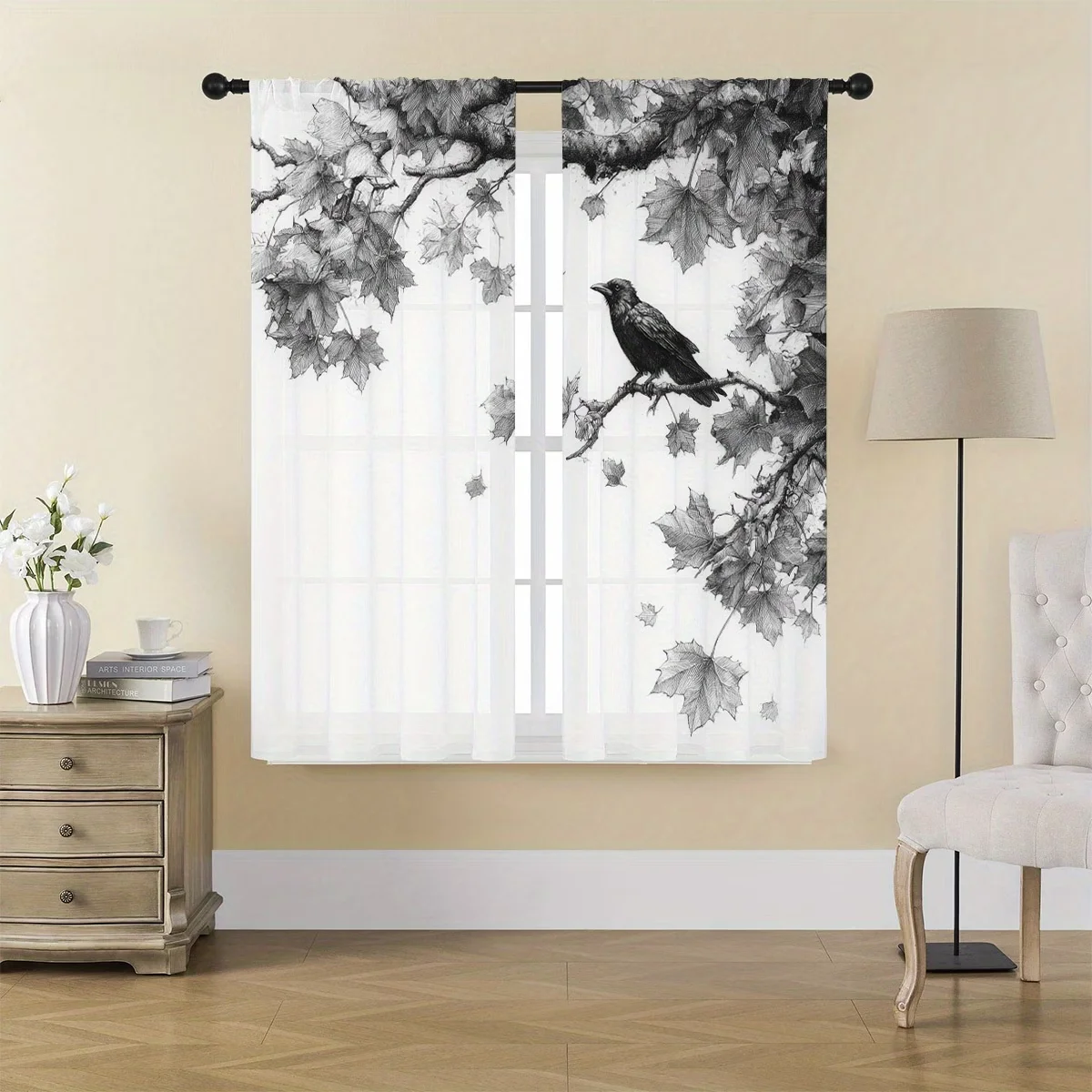 2PCS Digital Printing Sheer Curtain, Damask Floral Victorian Pattern, Elegant Classic Traditional Luxury Living Room Decor