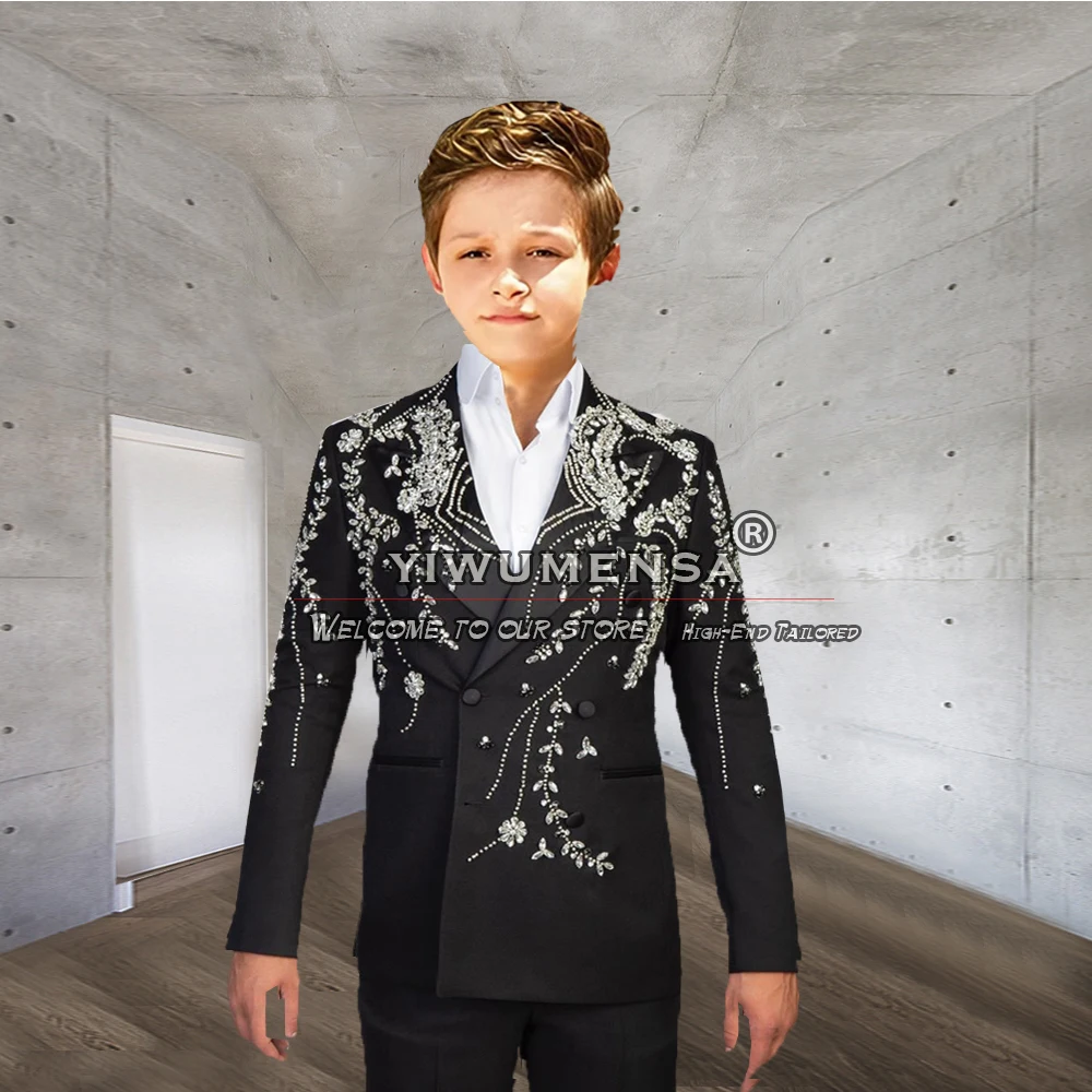 Luxury Boys Suits For Wedding Party Handmade Crystals Beaded Children Tuxedos Tailored Made Double Breasted Prom Kids Blazer Set