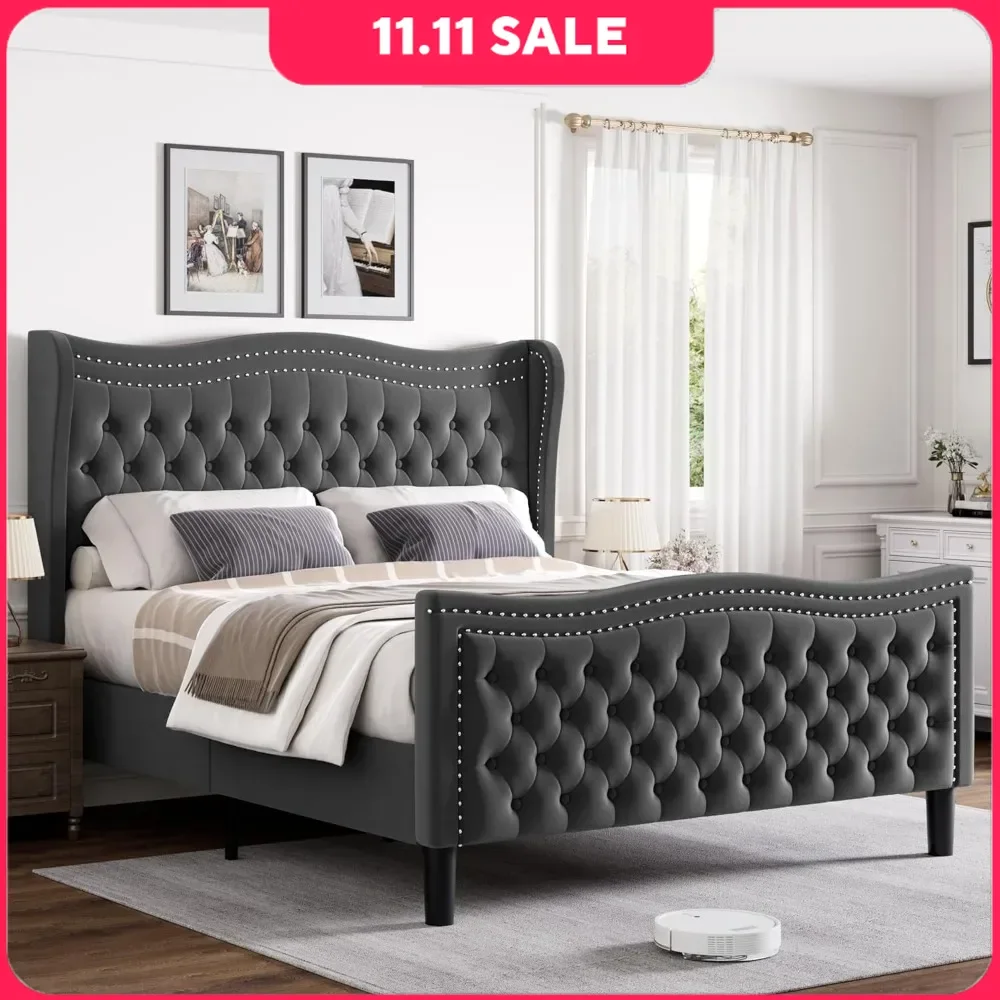 

Full Bed Frame, 52"" Headboard Upholstered Bed with Tall Footbaord, Velvet Upholstered Deep Button Platform Bed, Bed Frame