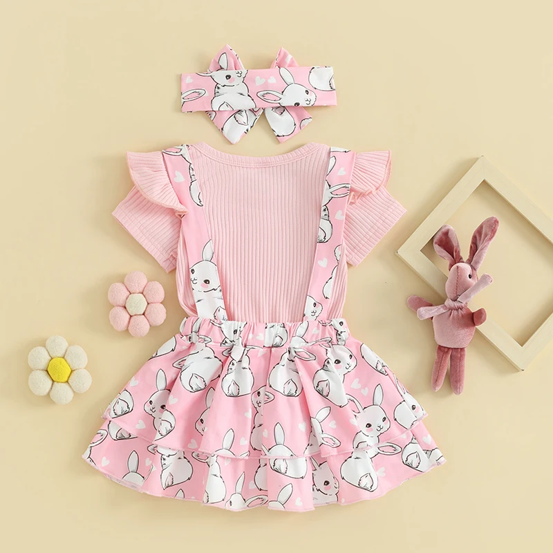 Conjunto de Roupas Romper de Manga Curta Baby Girl, Saia Suspender com Headband, Outwear Infantil, Roupas de Páscoa, 3 peças