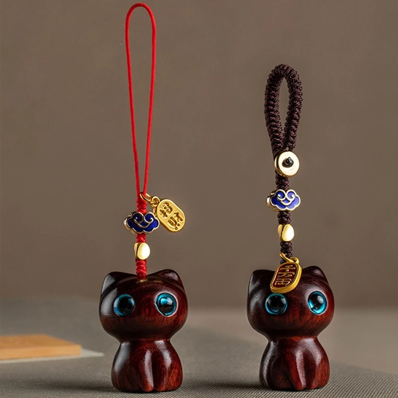 Öko-Sandelholz-Katzen-Schlüsselanhänger, Naturholz, Anime-Anhänger, handgestrickter Handygurt, süßer Waldstil, Geschenk für Frauen und Mädchen, Accessoire