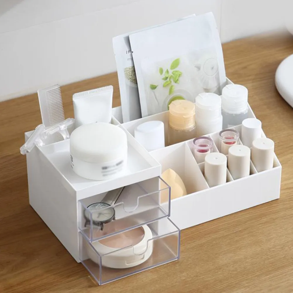 Plastic Desktop Storage Box White Space-Saving Organizer with Compartments Makeup Sundries Container for Office Study Bedroom