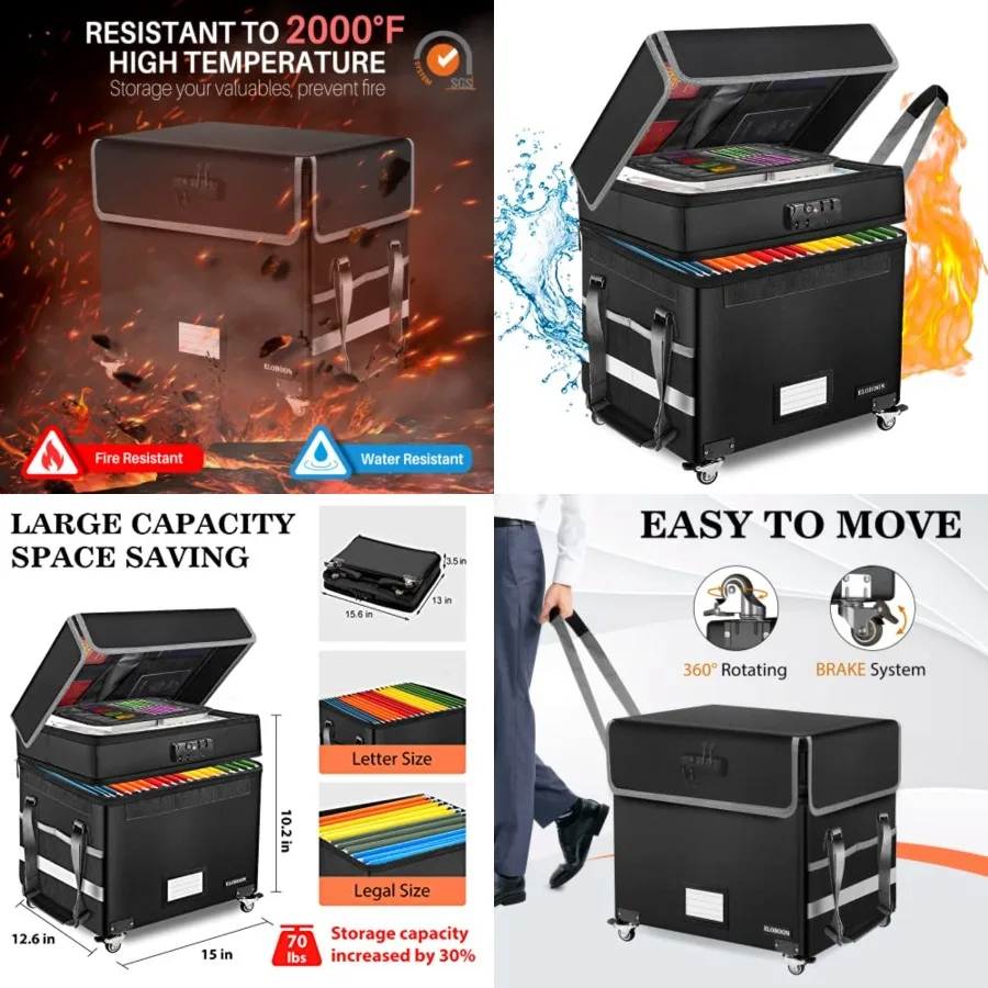 

File Box with Lock, Fireproof Document Box with Wheels, Collapsible File Organizer Box, File Storage Box for Home and Office, F