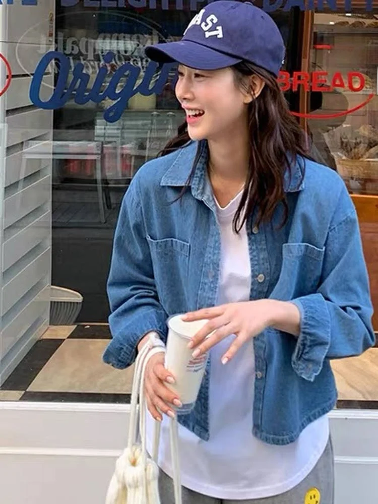 Women's Slimming ort Denim irt Double ket Loose Fit Waed  Collar Thin Outerwear Casual Commute Sle Cotton Blend