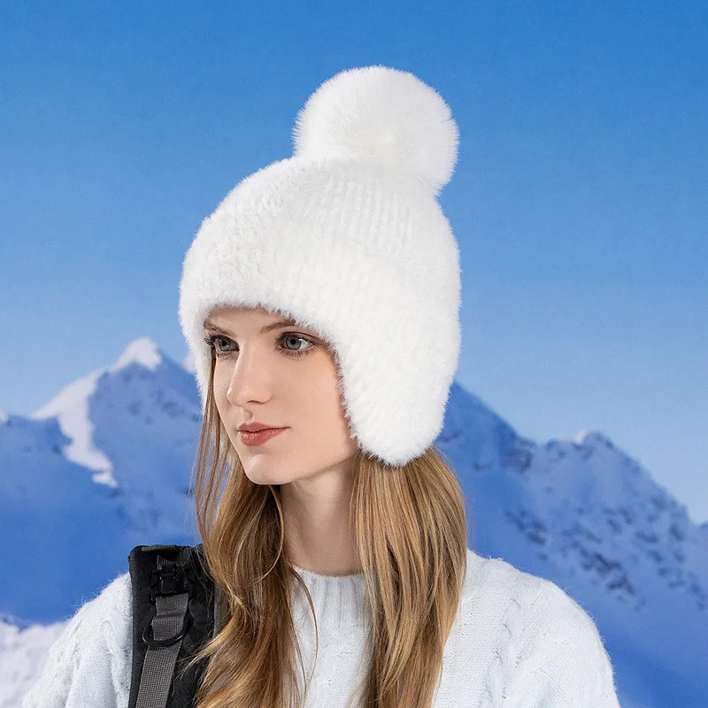 

MZ4280 New Women Beanie Hat Solid Plain Knitted Hats for Women Big Fur Ball Ski Earflap Cap Thick Warm Ladies Skullies Beanies