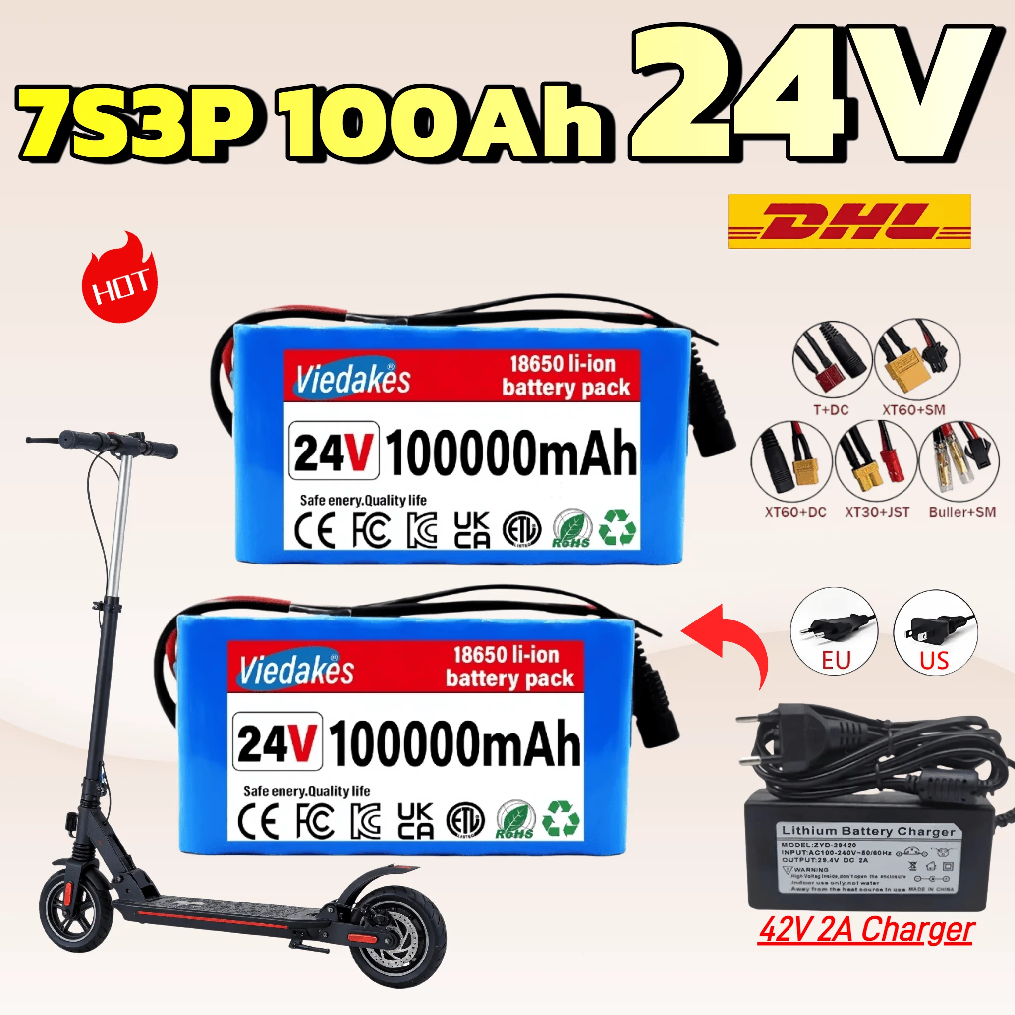 

24V 100Ah Lithium Battery, 24V Rechargeable Li-ion Battery with 25.2V 2A Charger, Cable Connector for Kids Ride On Cars,