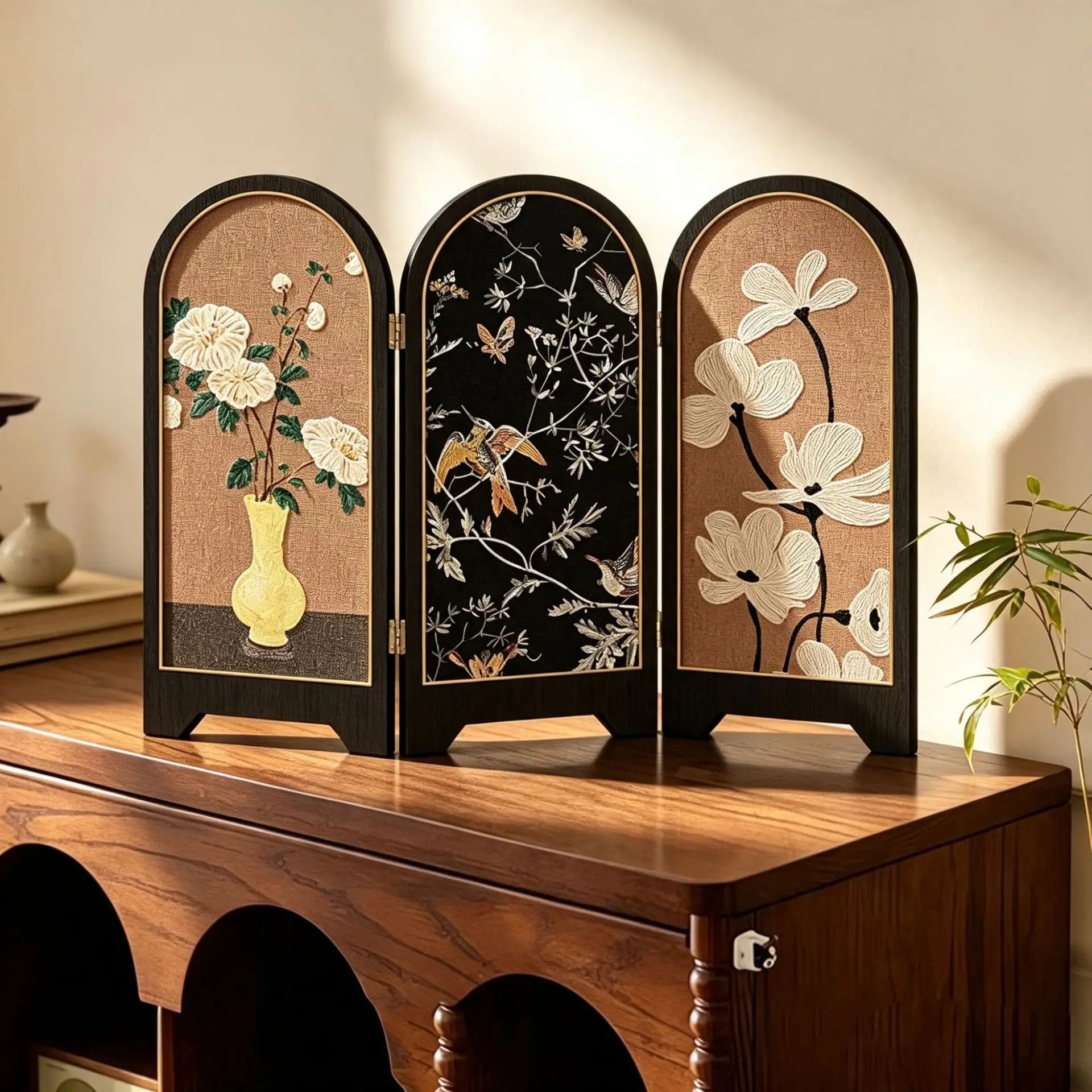 Classical Bird-themed Landscape Paintings, 3-fold Screen Partition Decorative Paintings. Desktop Ornaments and Decorations