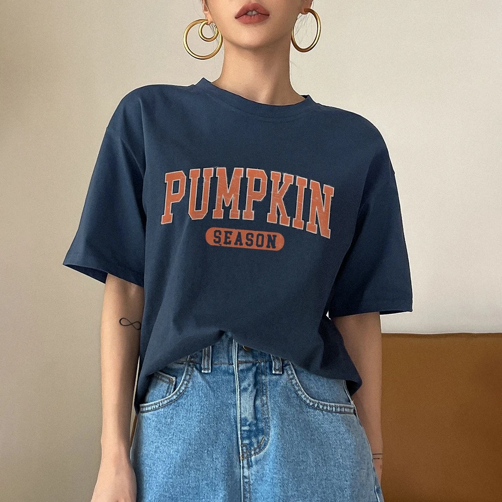 Women's Pumpkin Letter Graphic Short Sleeve T-Shirt, Casual Tee Outfit, Pure Cotton, High Quality, Trendy, Summer