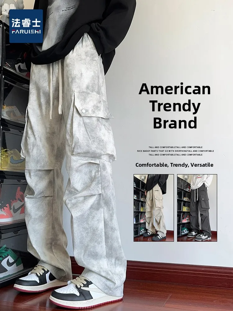 

Tie Dye Workwear Pants Men's Casual Straight Leg Loose Fit American Sle Haome Autumn Long Trousers Dirtied Pants