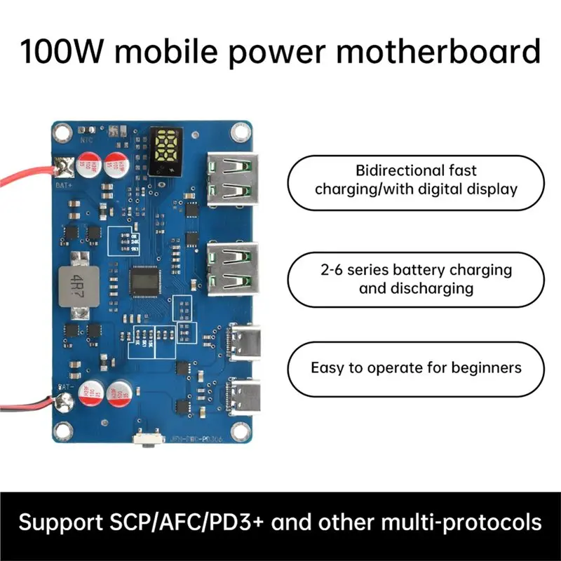 ABQU 100W PD QC Power Bank Module Lithium Battery Protection Board 2-6S 4.2V 4.35V 4.5V Fast Charging