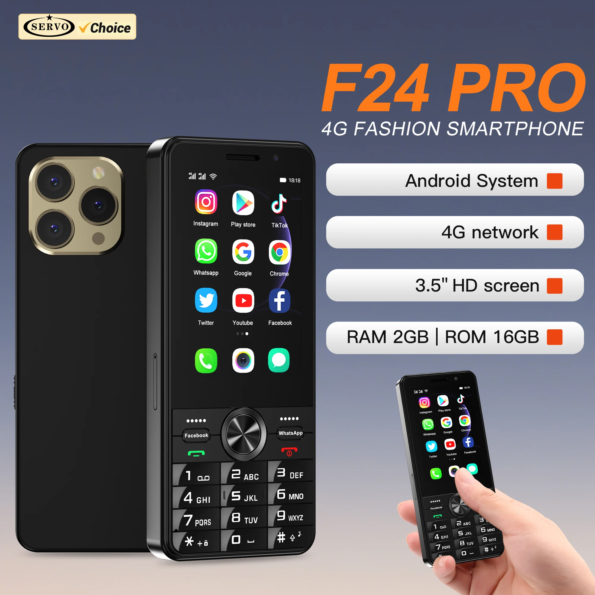 SERVO F24 PRO 4G Button Smartphone Android System Google Play Torch WiFi FM Radio Dual SIM 3.5'' Touch Display Smart Mobile Phone