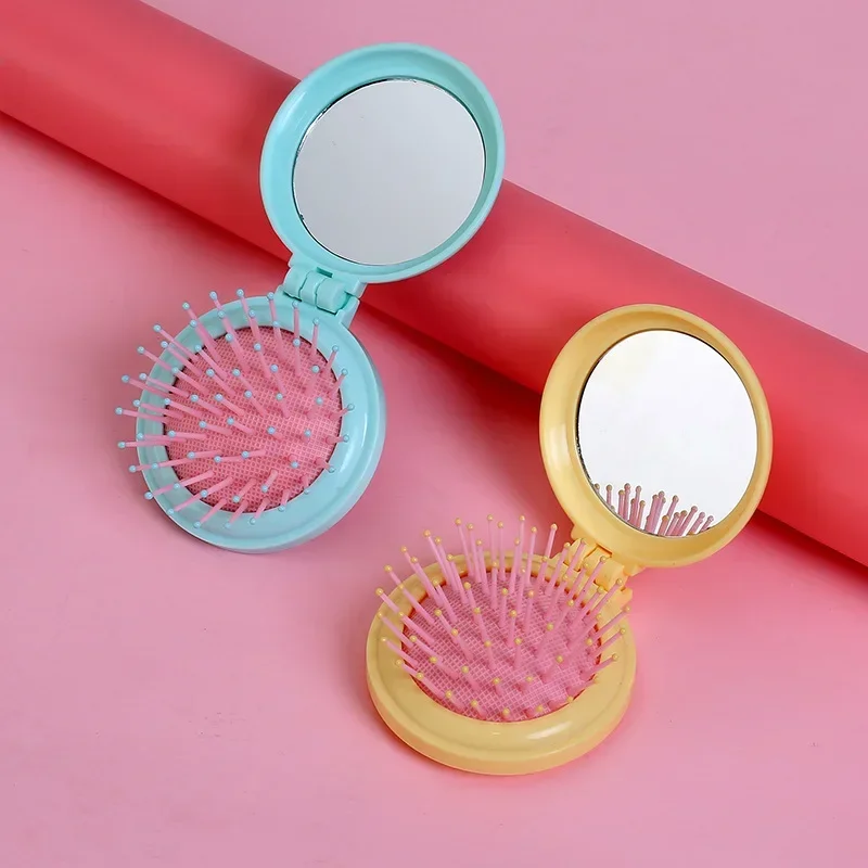 Heallor Women Portable Round Pocket Small Travel Massage Hair Brush with Mirror Mini Pocket Mirror Folding Comb Girls Styling To