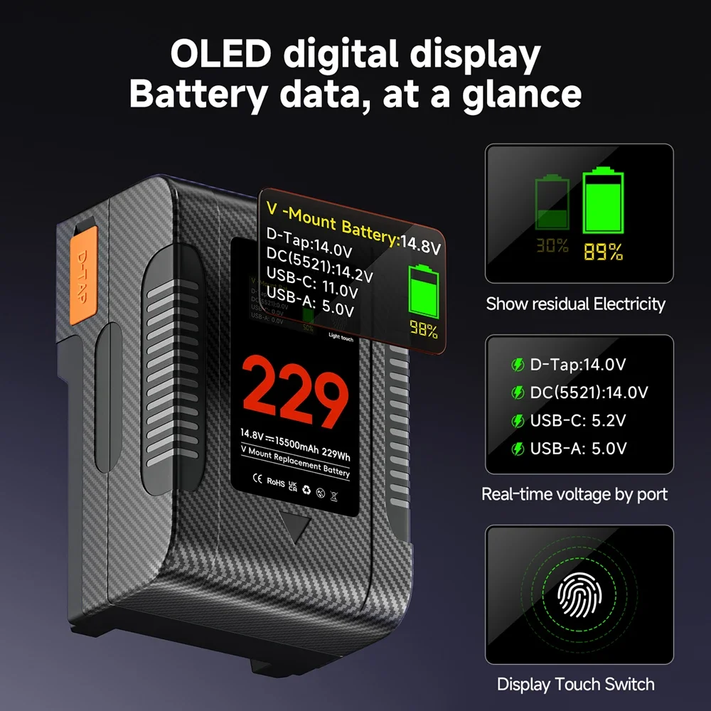 

BP-229 V Mount Battery V Lock BP Портативная батарея с кабелем быстрой зарядки PD 65 Вт для видеокамеры Sony Camcorder Video Light Blackmagic