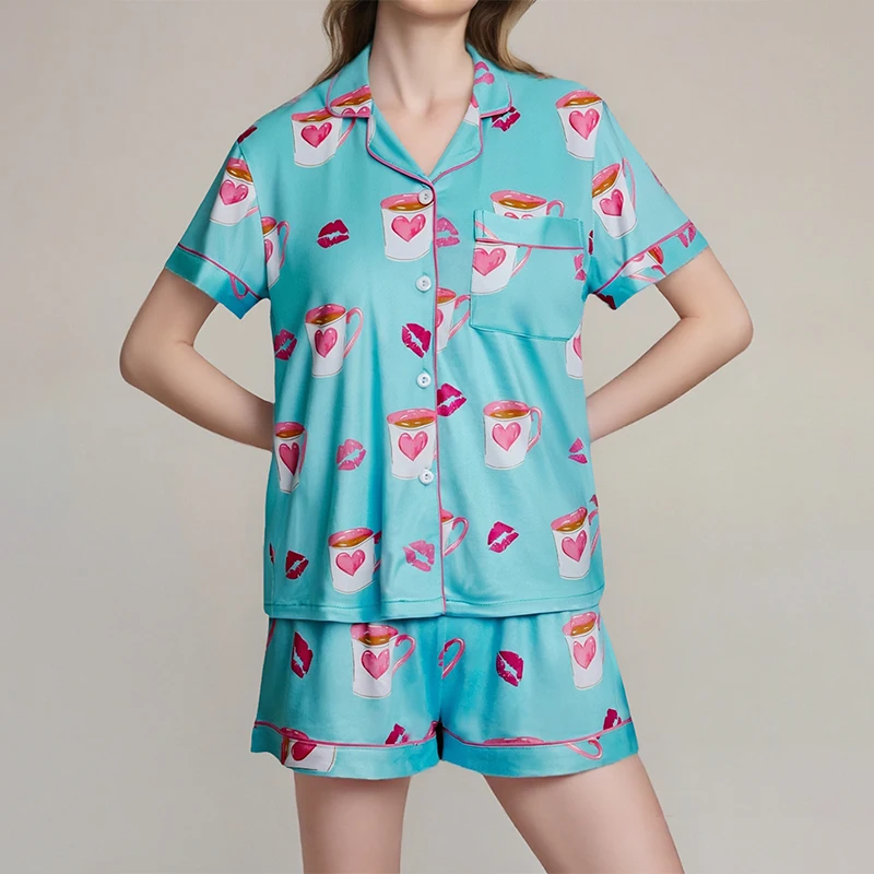 

2Pcs Fashion Simple Homewear Casual Comfortable Button-up Lapel Tops Shorts Femme Loose Nightwear Loungewear For Summer