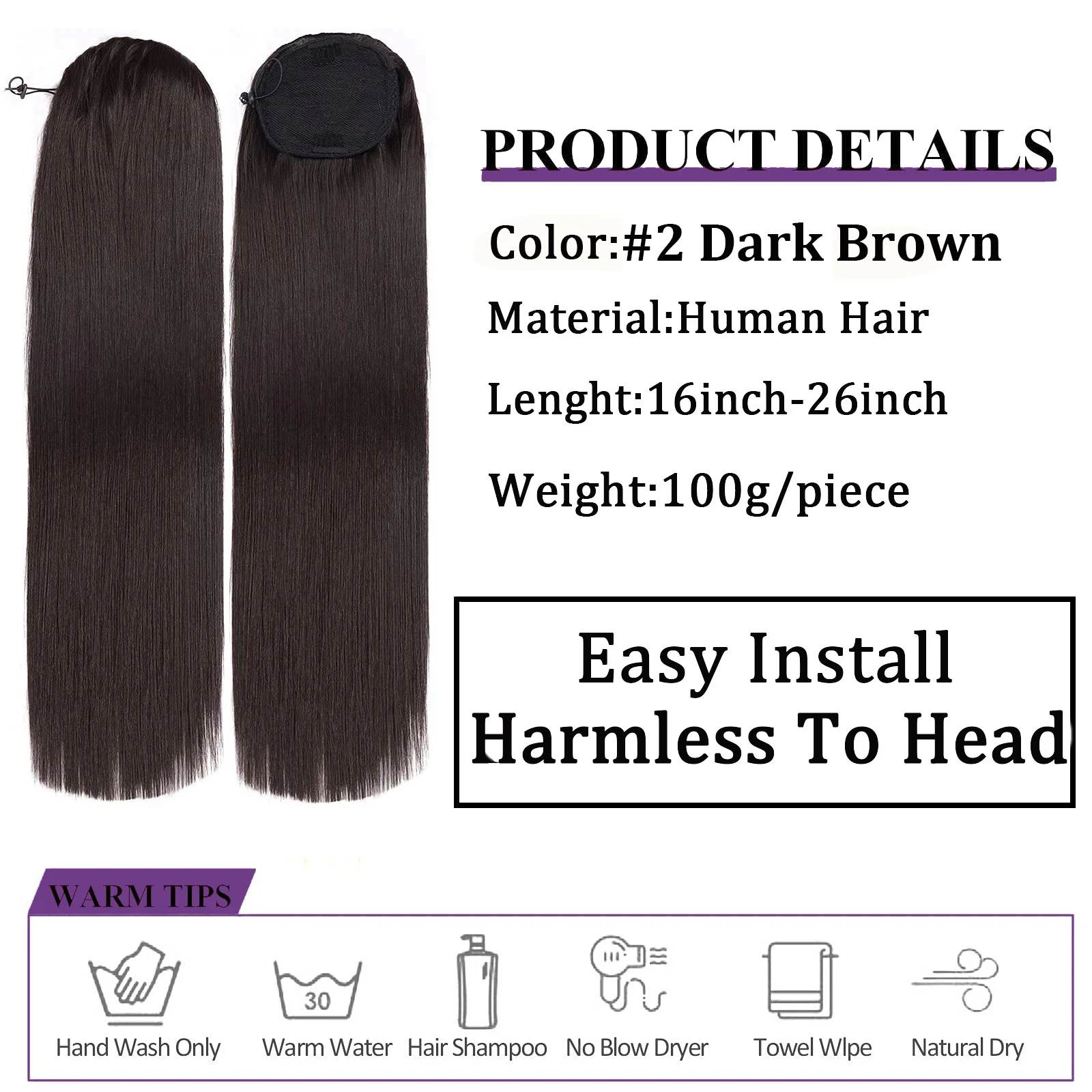 Longas extensões de cabelo rabo de cavalo para mulheres, extensão do cabelo humano remy, cor marrom escuro, cordão reto, #2, desgaste diário