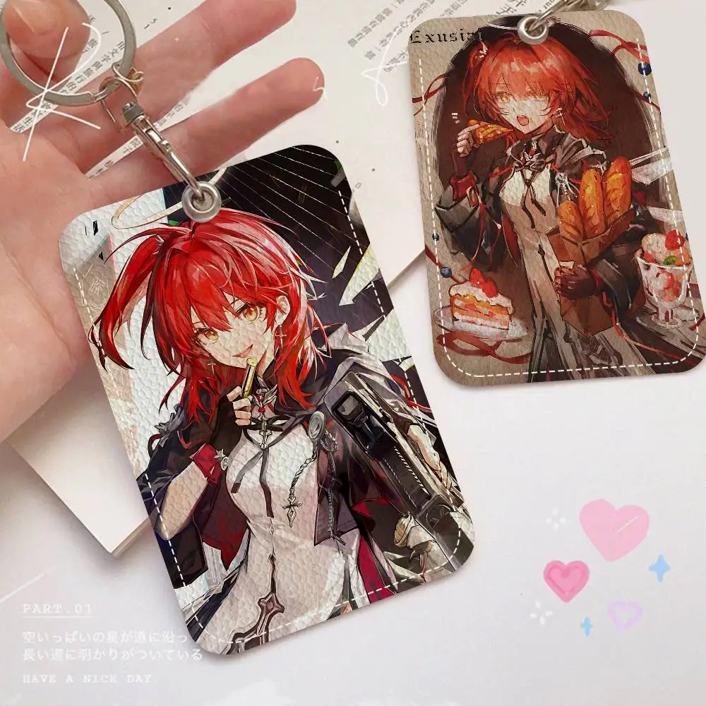 Arknights Popular Exusiai Cute Rectangle ID Card Case Keychain Access Card Bag Key Tag Ring Leather Card Holder Key Ring Access