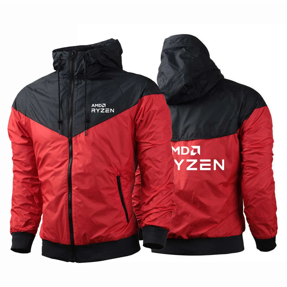 2025 CPU AMD RYZEN Men Spring and Autumn Thin Windproof Casual Hooded Color Matching Fashion Printing Windbreaker Coat