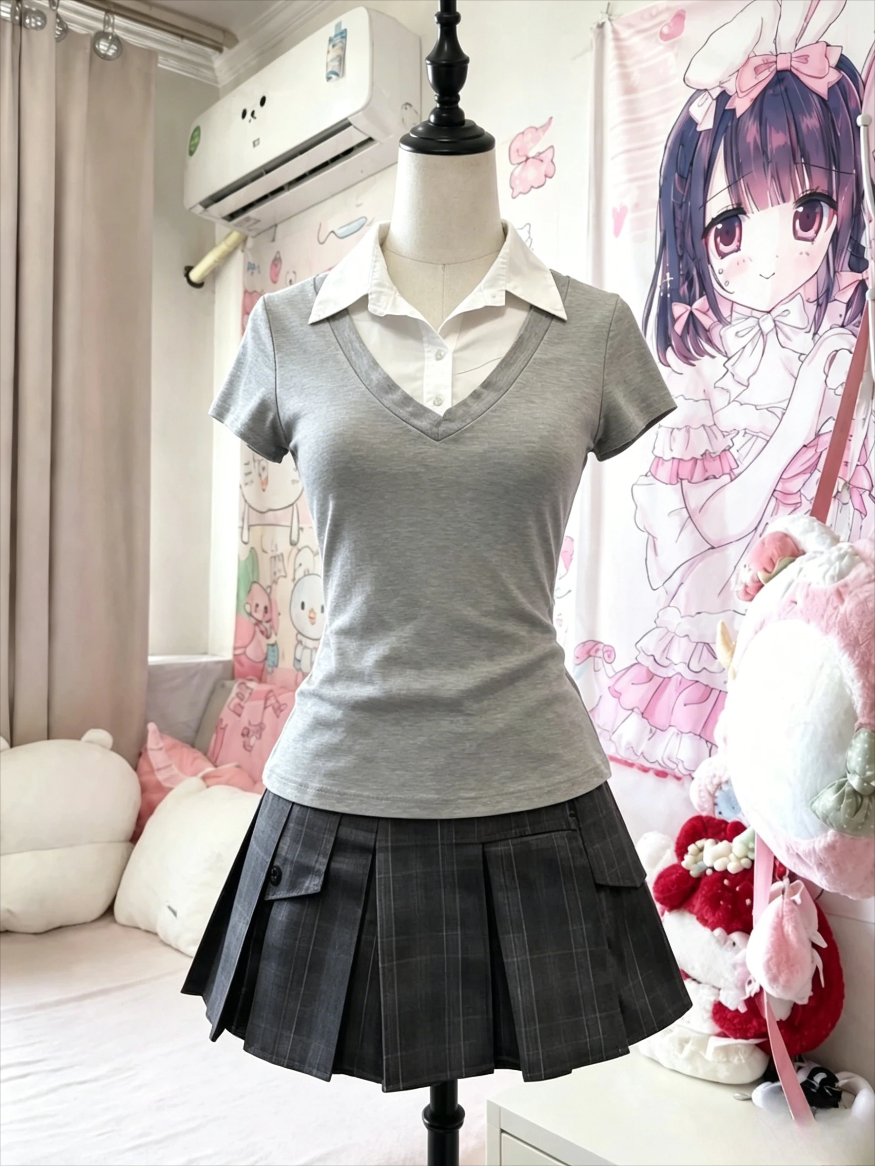 Hot Girl Summer Y2K Harajuku Retro Sweet Two Piece Set Women's Clothes Fashion Plaid Short Sleeve Shirt High Waist Pleated Skirt image 5
