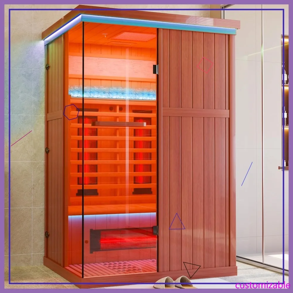2-Personen-Infrarot-Sauna für Innenräume mit Vollspektrum-Wärme, Bluetooth-Lautsprecher, Sicherheitsglas und Rotzedern-Konstruktion