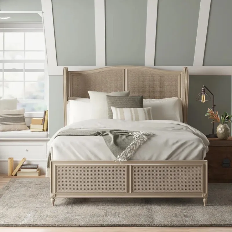 

Solid wood rattan woven bed villa master bedroom double 1.8 meters bed homestay rattan art design 1.5 meters bed