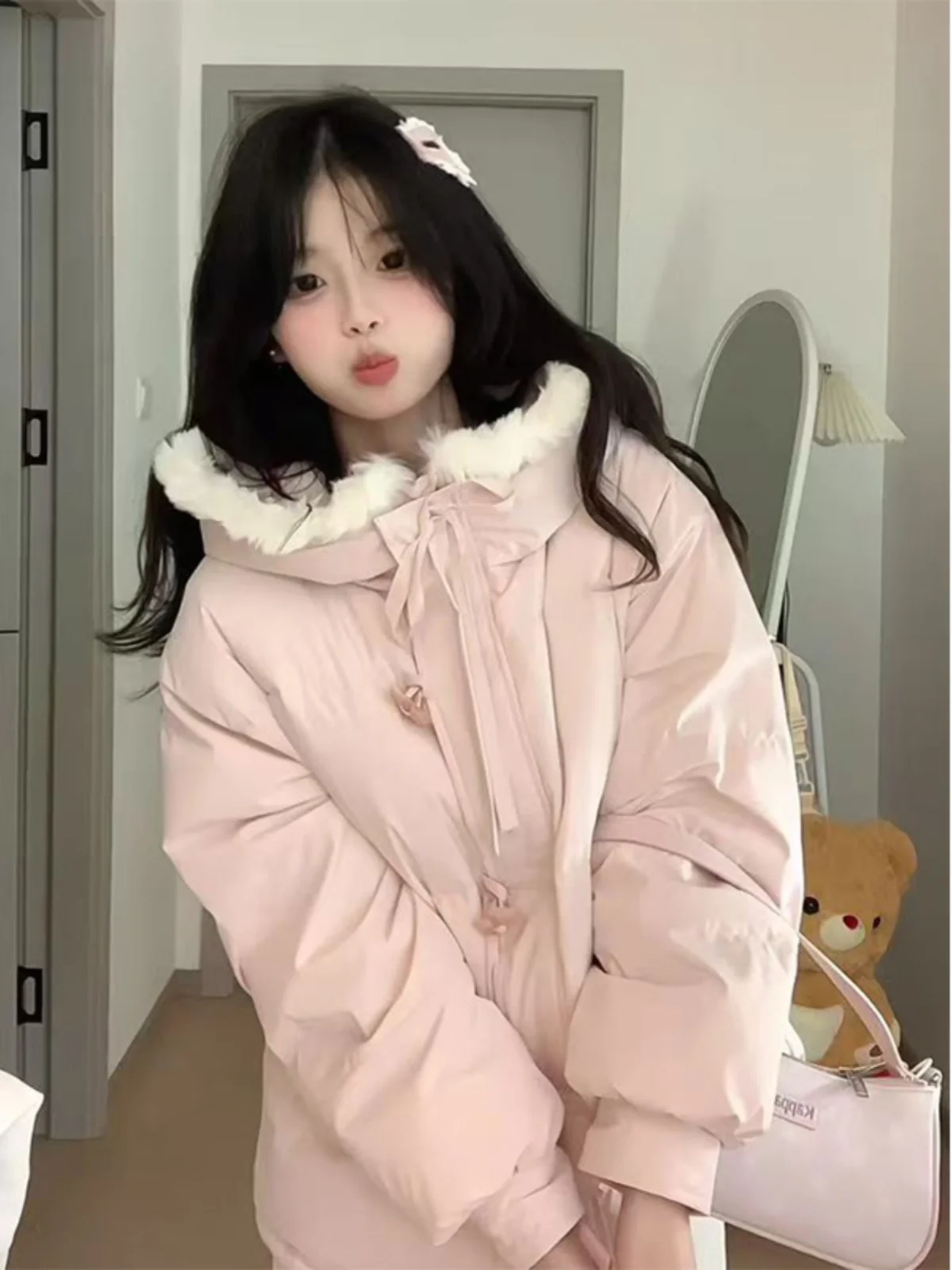Sweet Soft Pink Buttoned down Padded Cotton Jacket Women's Thick Warm Hooded Coat Trendy Autumn Winter Small Size Retro Style