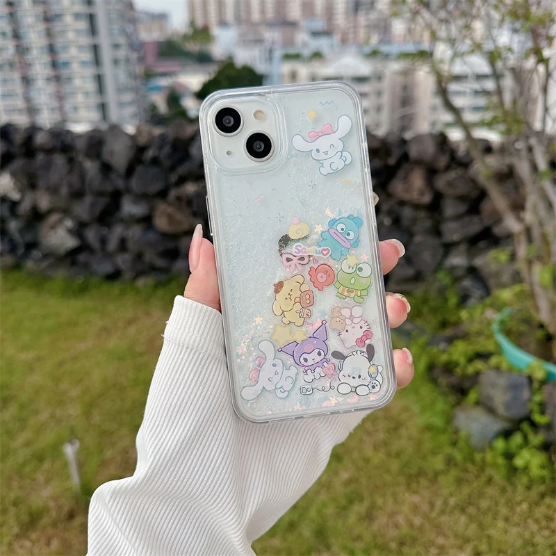 Cartoon Cute My Melody Cinnamoroll Purin Pachacco Glitter Quicksand Case For iPhone 14 15 Pro MAX 13 12 11 Kitty Cover