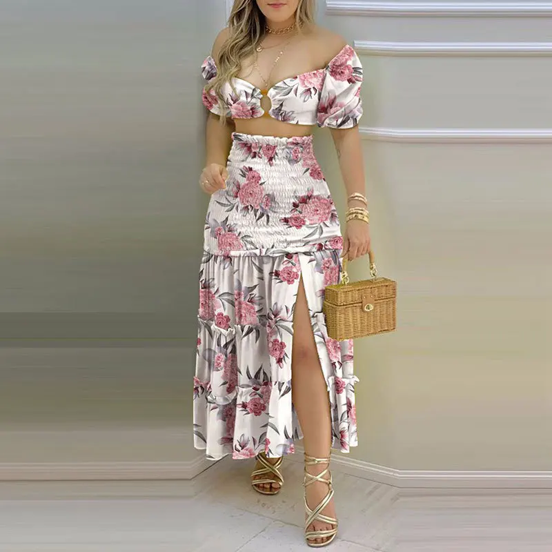 Dress Sets Women Two Piece Set Print Skirt Suits Strap Bustier V Neck Short Sleeve Top Split Long Skirts Bohemian Matching Sets