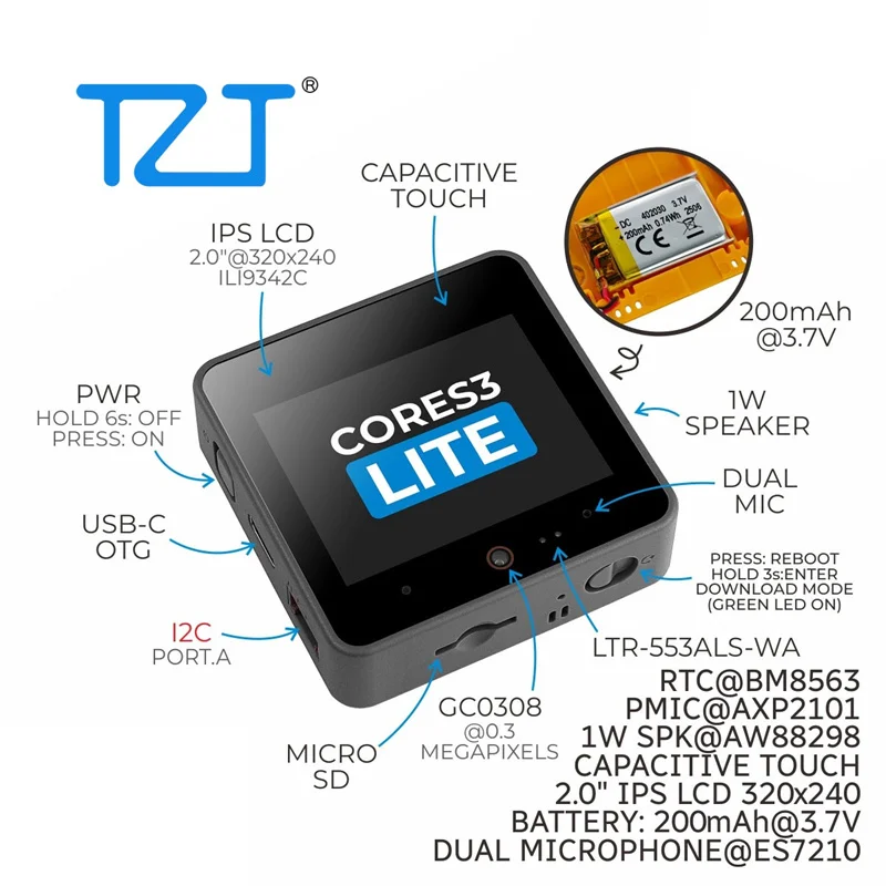 TZT M5Stack CoreS3 Lite Programmable IoT Controller ESP32S3 240MHz Processor Support AI Voice Interaction