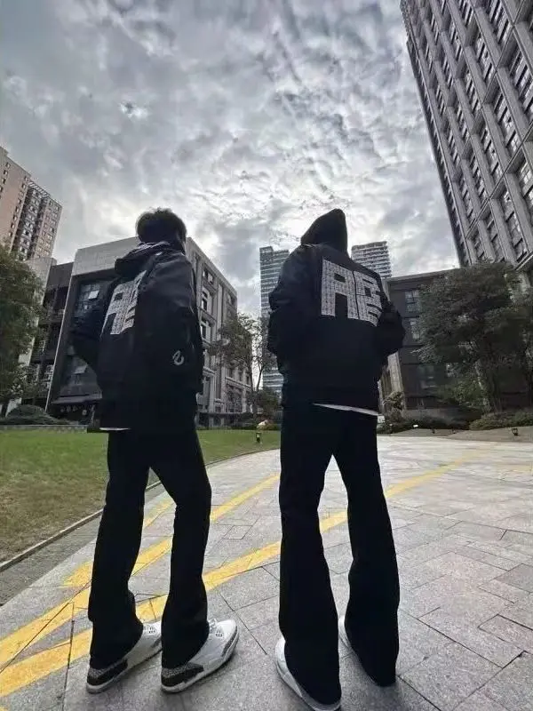 Jeugdige casual Amerikaanse geborduurde letter Jaet Flight Suit Stand Kraag Ritssluiting ex Bovenkleding Trendy