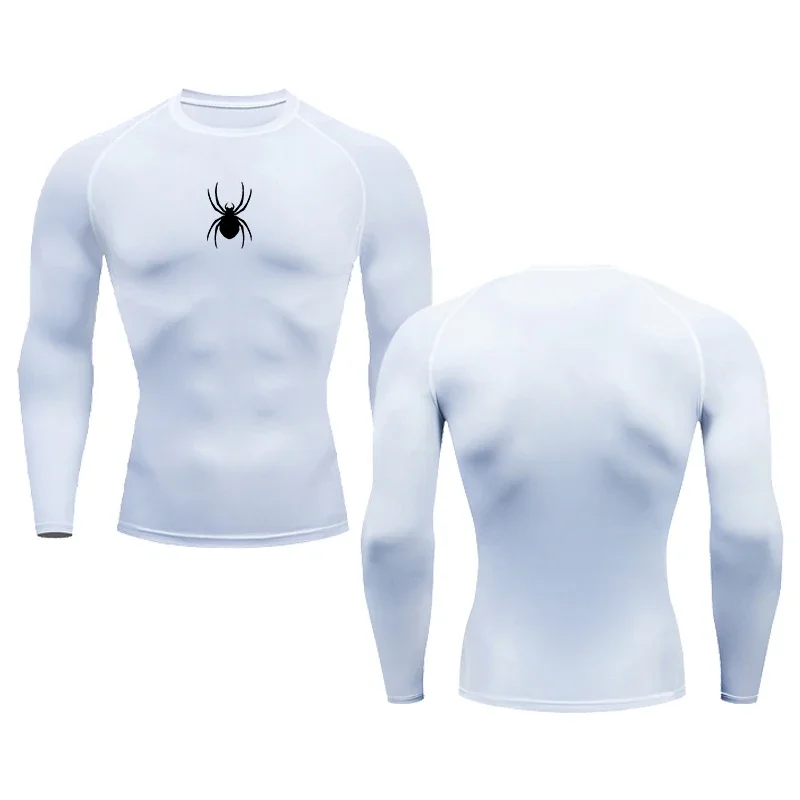 2024 Summer Quick-drying Breathable Elastic Long-sleeved spider Printed Compression Men's Fitness Gym Sports Running T-shirt