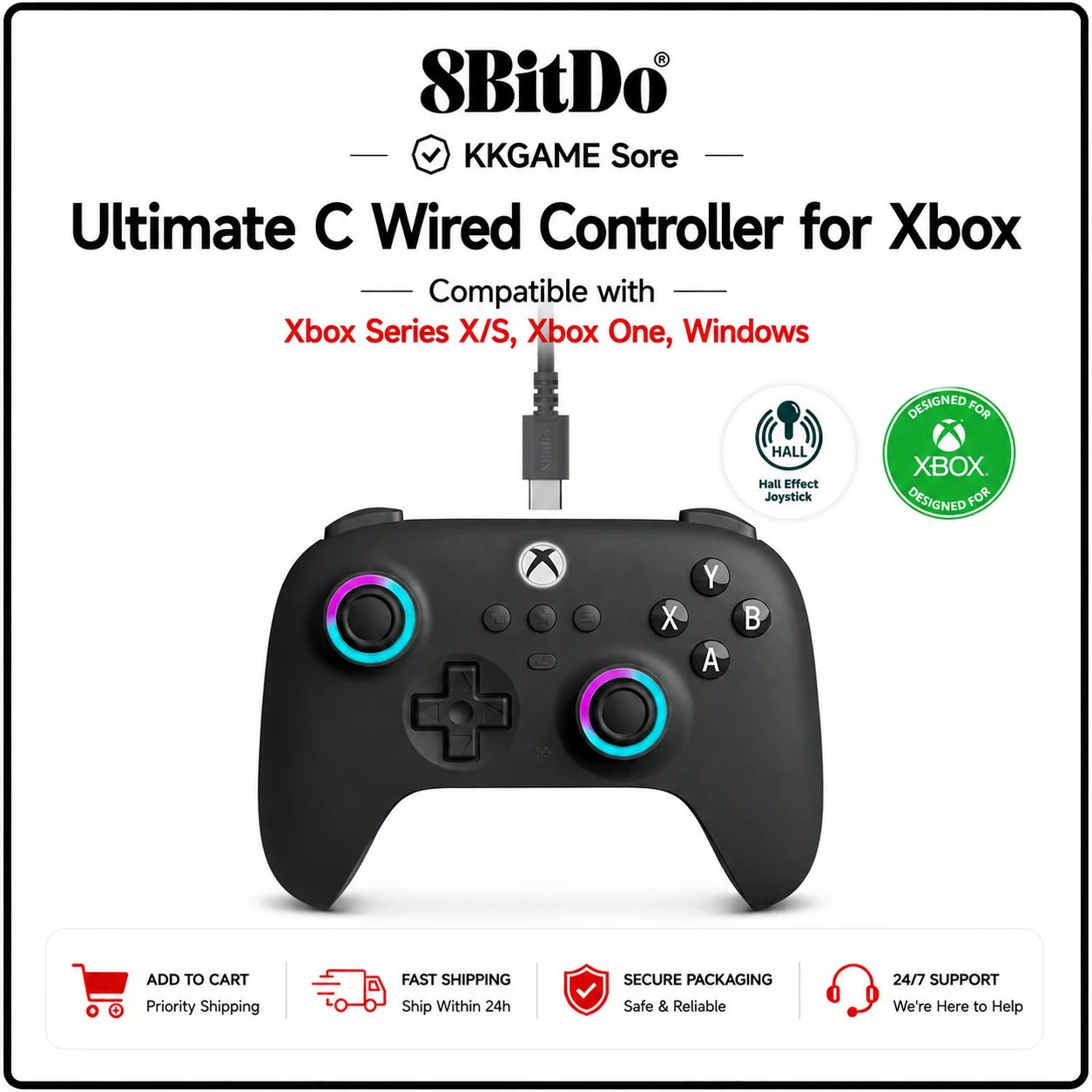 Controlador con Cable 8BitDo Ultimate C para Xbox con Joysticks de Efecto Hall, Compatible con Xbox Series X/S, Xbox One, Windows 10/11
