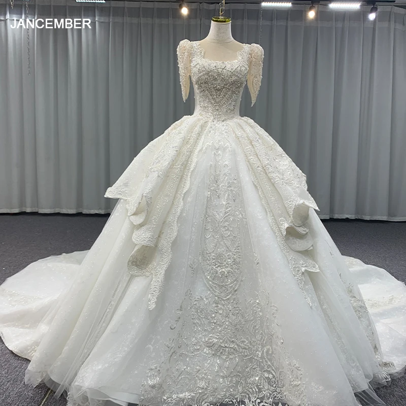 

Romantic Stylish Bride Dresses Wedding Ball Gown O-Neck Half Sleeves Backless MN198 Lace Up Pleat Beading