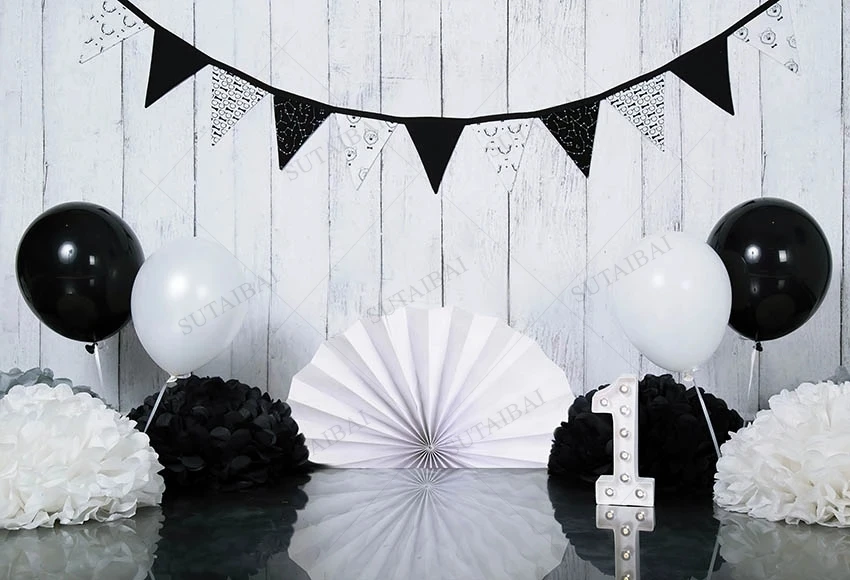 Photography Background Black White Paper Flowers Wooden Wall Boy 1st Birthday Cake Smash Decor Backdrop Photo Studio Props