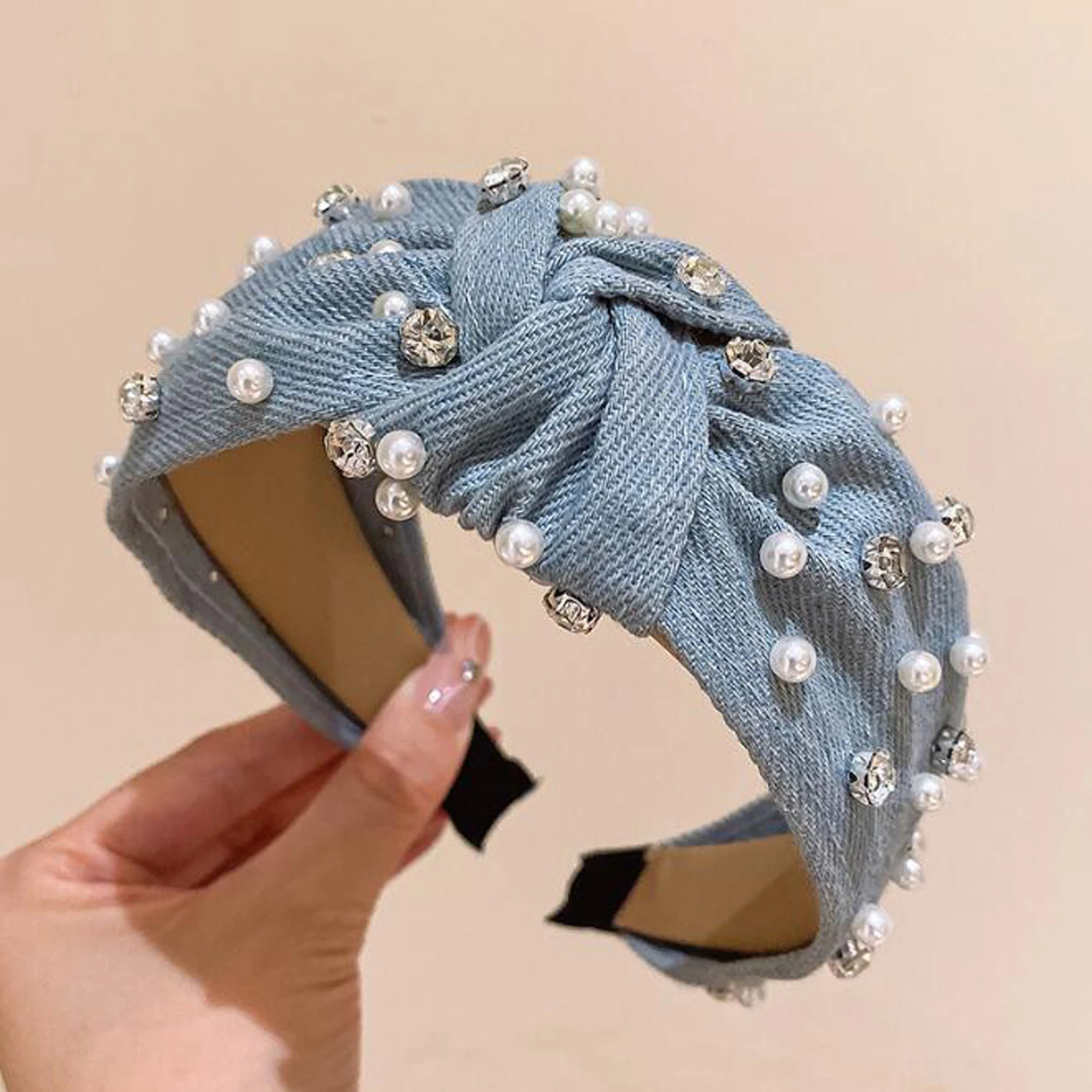 Fashion Wide Blue Denim Cross Knotted Headband Women Personal Pearl Rhinestone Hairband Vintage Hair Hoop Bezel Hair Accessories