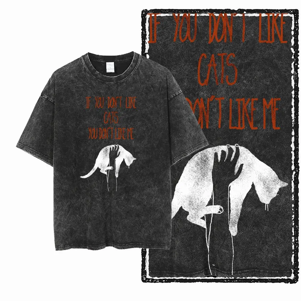 G55 Acid Washed Black Cotton Cool Cat Graphic Men T-shirt |  Streetwear Big Size Vintage O-neck men's Tee Tshirt
