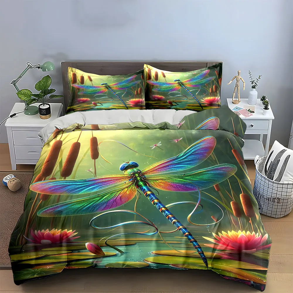 Colorful Dragonfly Art Set Decor Bedding Set with 1 Duvet Cover 2 Pillowcases Single Double King Queen, Gift