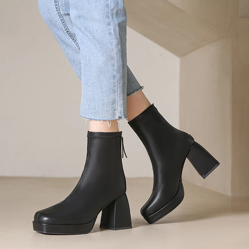 

New Black Women Ankle Boots Autumn Women PU Leather Boots Short Tube Woman Zipper Boots Ladies Fashion Shoes High Quality