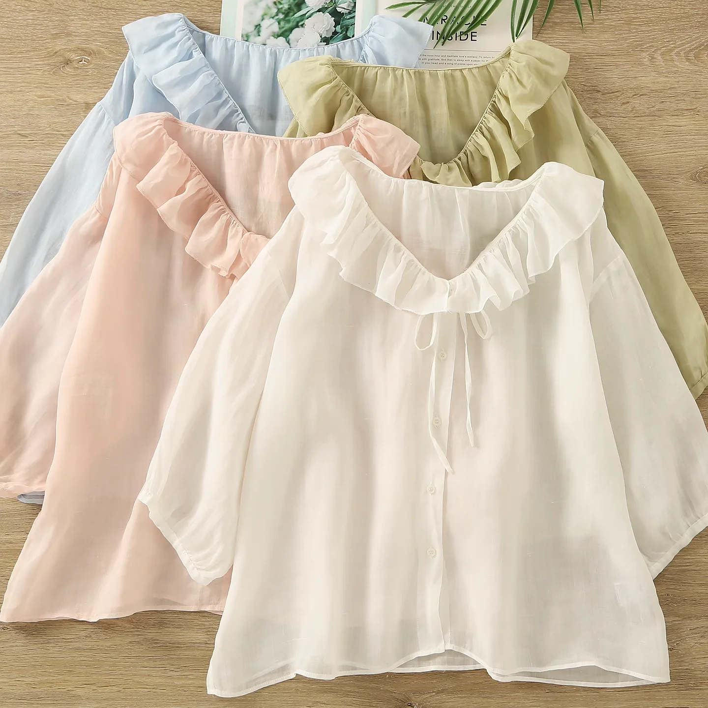 

100% Ramie white pink blue green solid shirts and blouses for women summer see through ruffled shirts boho clothing
