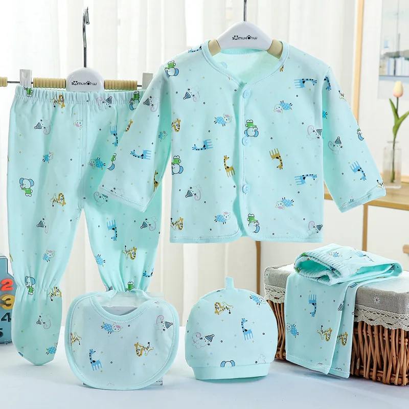 5Piece Spring Autumn Newborn Girls Clothes Cartoon Cute Print Cotton Long Sleeve Tops+Pants+Hats Infant Boys Clothing Sets BC320