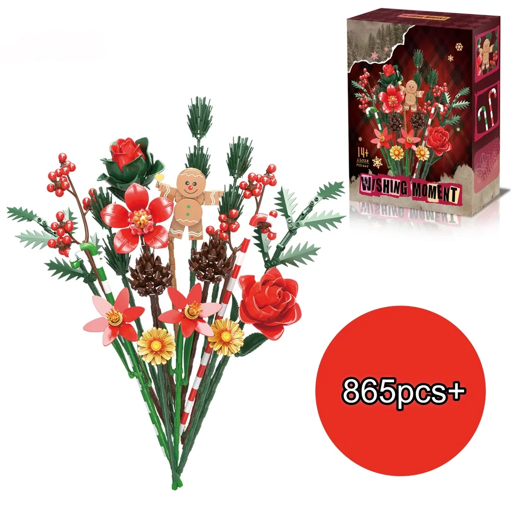 

865PCS Creative Christmas Roses Bouquet Building Blocks Set Gingerbread Dolls Assembly Model Kit Christmas Birthday Gifts Toy