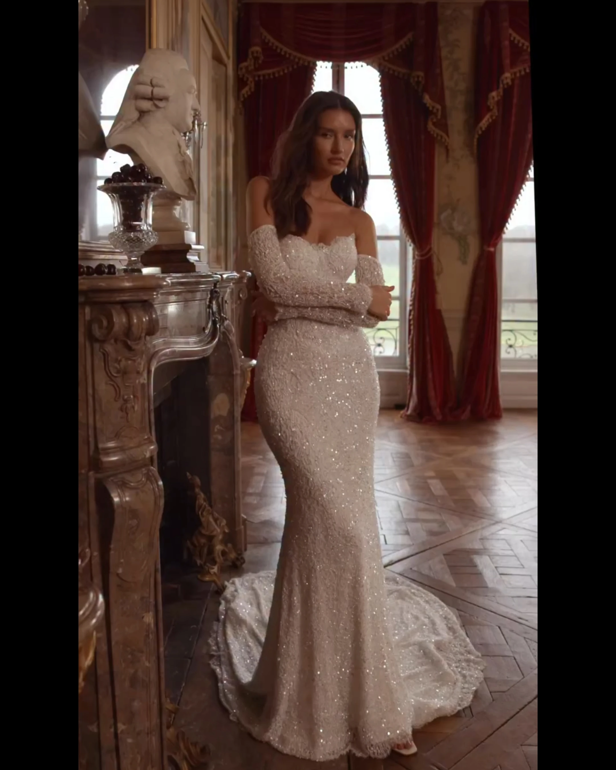 

Customized Luxury Off Shoulder Sequin Mermaid Wedding Dress High Neck Detachable Sleeves Slim Fit Bridal Gown Vestidos De Novia
