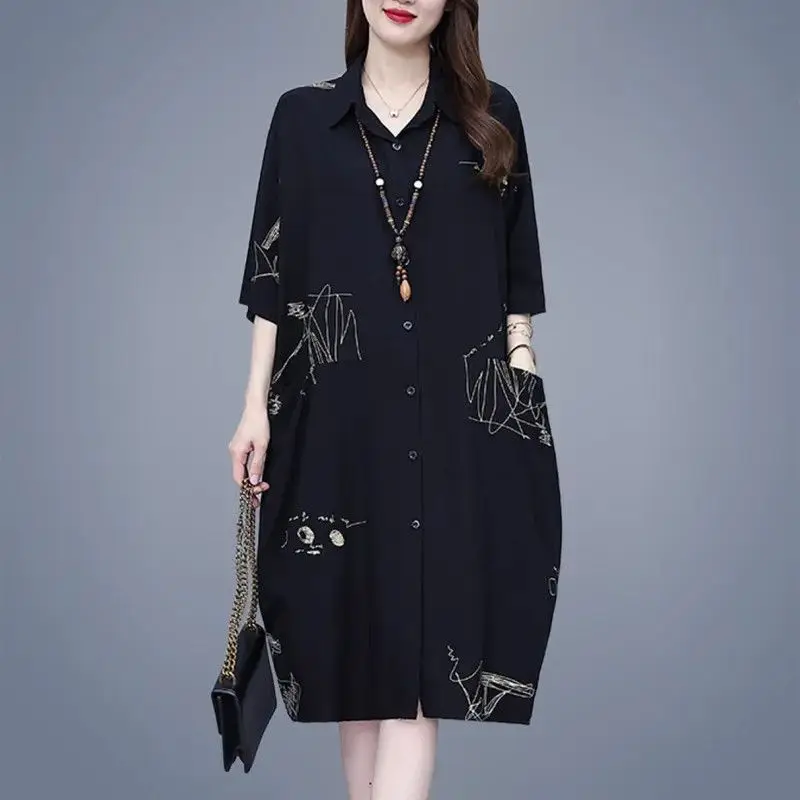

Women's Crew Neck Print T-shirt Dress Casual and Simple Suitable for Daily Spring Summer Loose with Pockect Streetwear Dress D54