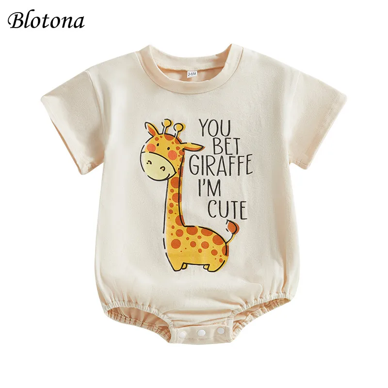 

Blotona Baby Boys Girls Summer Cute Rompers Classic Short Sleeve Round Neck Giraffe Print Bodysuit Playsuit