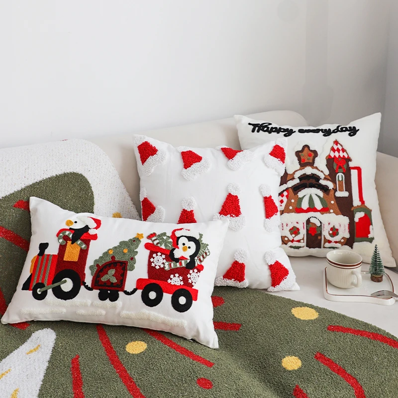 

Nordic Christmas Embroidered Cushion Cover Merry Christmas Cartoon Embroidered Pillow Cover Festival Living Room Sofa Pillowslip